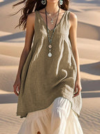 Fashion Sleeveless Cotton Linen Solid Color And V-neck Beach Dress Lootquake LLC