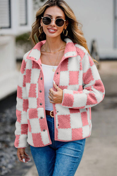 Elegant Checkered Snap Down Long Sleeve Teddy Jacket Soft & Warm Colorful Jacket Stevvex