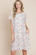 BOMBOM Printed Tee Dress - Casual Short Sleeve | Femstylo