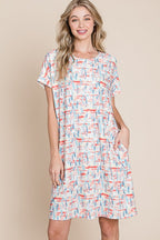 Printed Round Neck Short Sleeve Tee Dress For Women – Casual and Comfortable Dress with Printed Design and Pockets