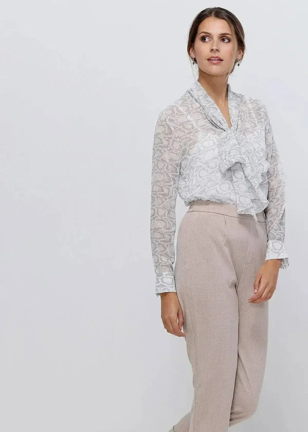 Tie Neck Sheer Blouse In Ivory Silver | FEMSTYLO - SJB-DIAMOND ELITES
