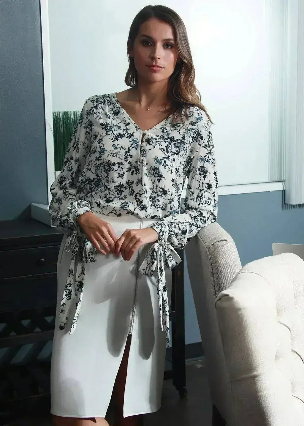 Ivory Floral V-neck Tie Cuff  In Garden Blouse | Femstylo - SJB-DIAMOND ELITES