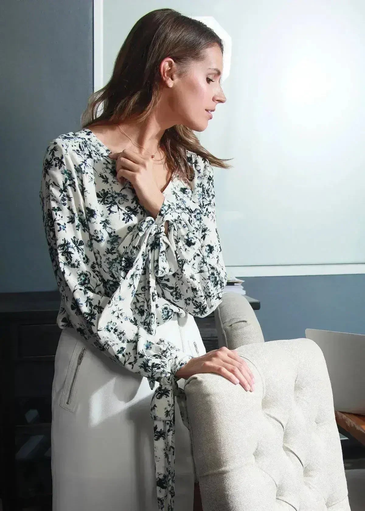 Ivory Floral V-neck Tie Cuff  In Garden Blouse | Femstylo - SJB-DIAMOND ELITES