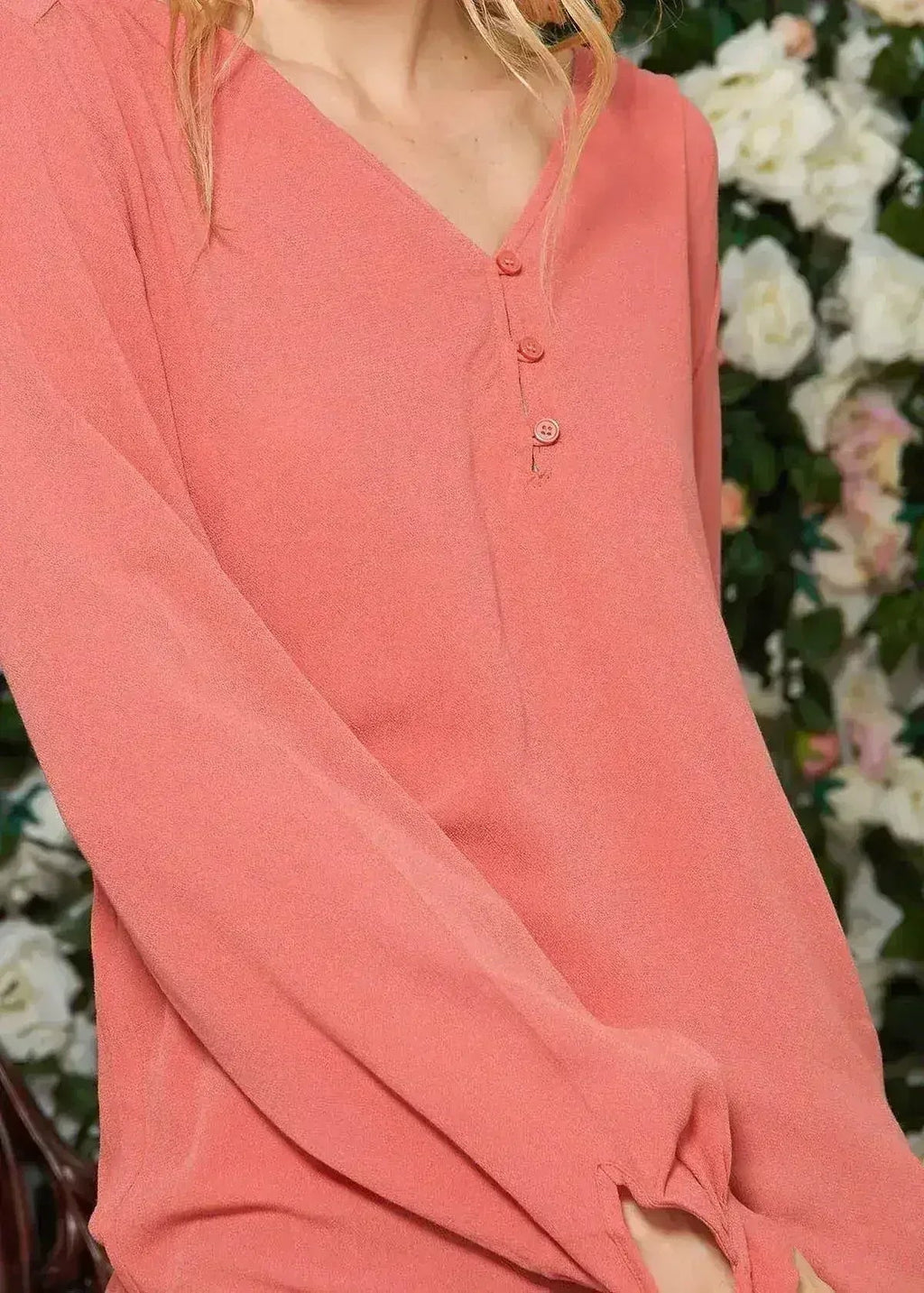 Blush V-neck Tie Cuff Blouse In Faded Coral | Femstylo - SJB-DIAMOND ELITES