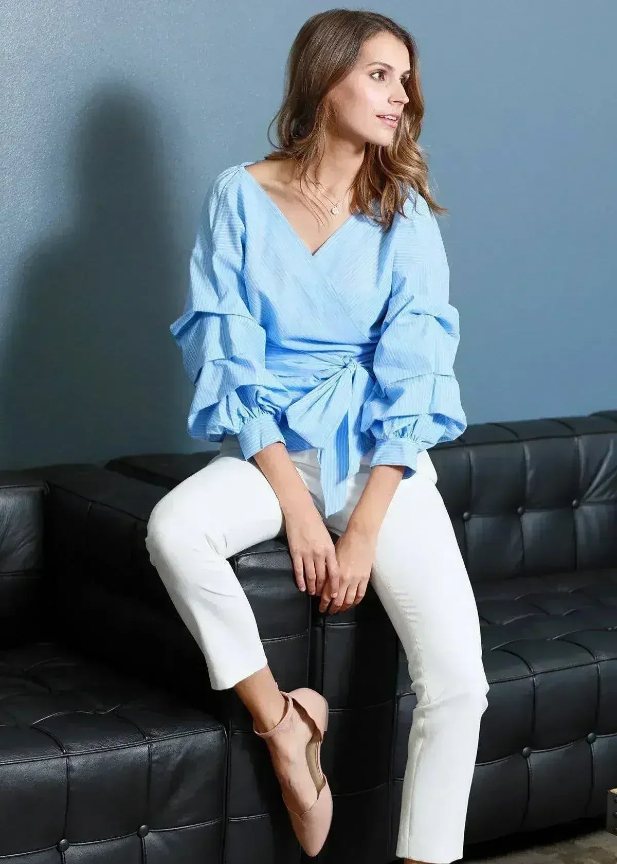 Gathered 3/4 sleeve Wrap Blouse In Blue For Women | Femstylo - SJB-DIAMOND ELITES