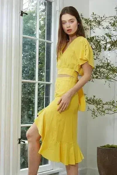Women's Tie Waist Cape Sleeve Cropped Blouse in Yellow | Femstylo - SJB-DIAMOND ELITES