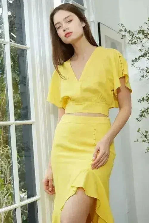 Women's Tie Waist Cape Sleeve Cropped Blouse in Yellow | Femstylo - SJB-DIAMOND ELITES