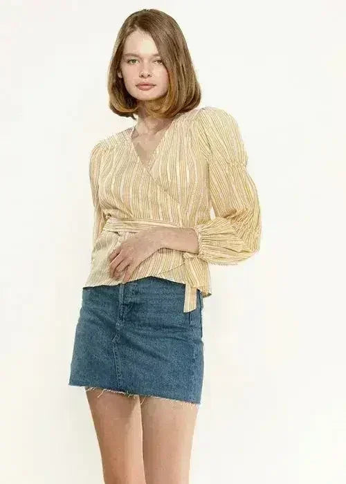 Smocked Sleeve Stripe Wrap V-Neck Blouse in Yellow | Femstylo - SJB-DIAMOND ELITES