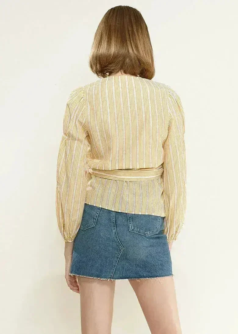 Smocked Sleeve Stripe Wrap V-Neck Blouse in Yellow | Femstylo - SJB-DIAMOND ELITES