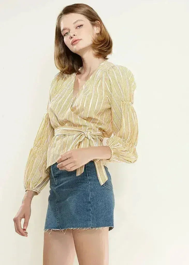 Smocked Sleeve Stripe Wrap V-Neck Blouse in Yellow | Femstylo - SJB-DIAMOND ELITES