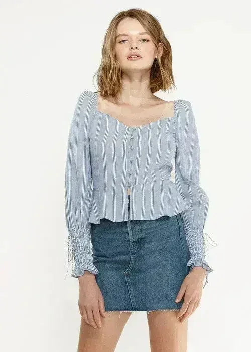 Smocked Cuff Button Front Peplum Blouse in Blue | Femstylo - SJB-DIAMOND ELITES