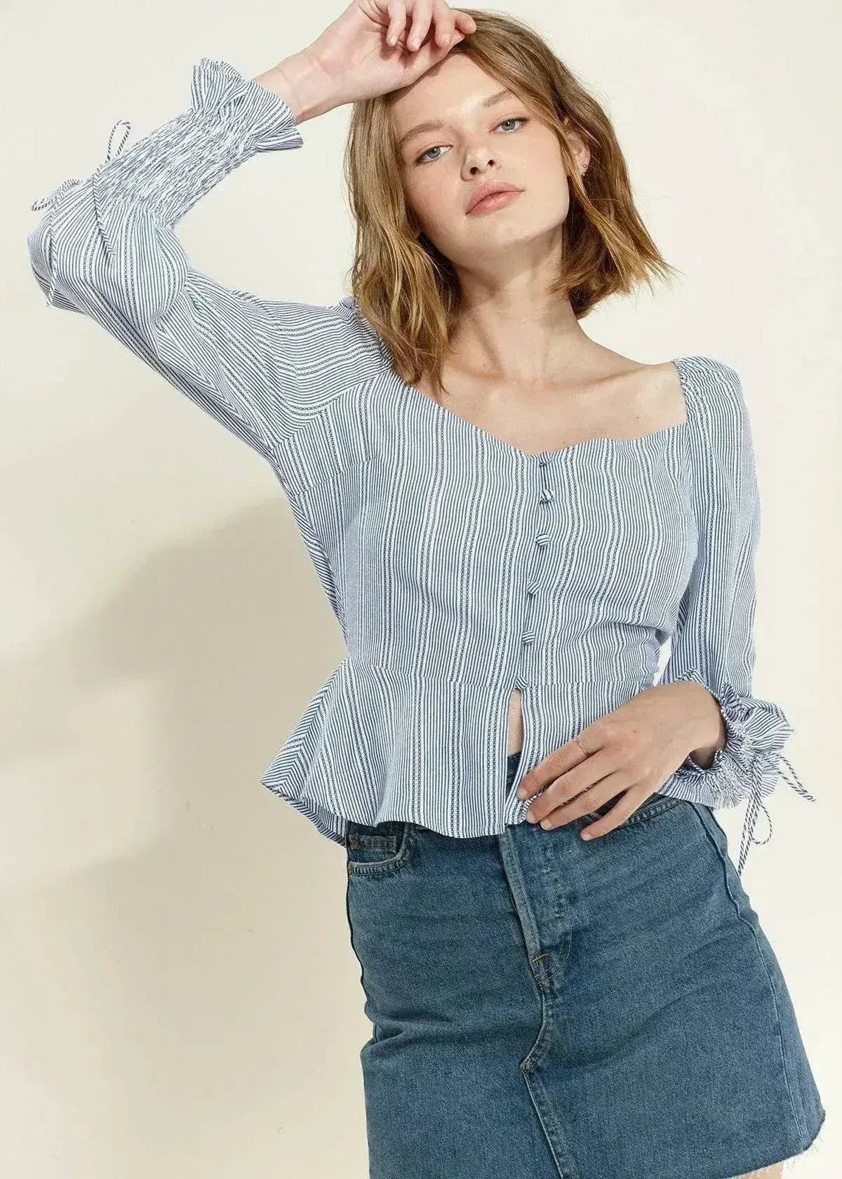 Smocked Cuff Button Front Peplum Blouse in Blue | Femstylo - SJB-DIAMOND ELITES