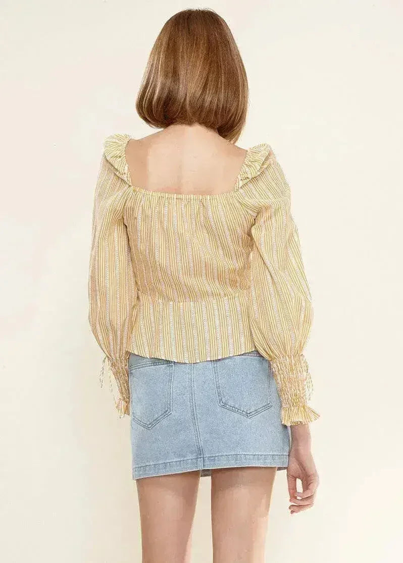 Smocked Cuff Button Front Peplum Blouse in Yellow | Femstylo - SJB-DIAMOND ELITES