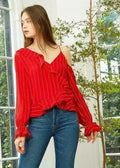 Women's Asymmetrical Shoulder Ruffle Blouse in Red | Femstylo - SJB-DIAMOND ELITES