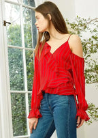 Women's Asymmetrical Shoulder Ruffle Blouse in Red | Femstylo - SJB-DIAMOND ELITES