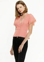 Women's Lace Trim Cape Sleeve Wrap Blouse in Coral | Femstylo - SJB-DIAMOND ELITES