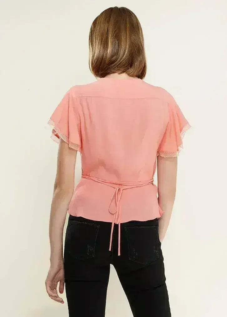 Women's Lace Trim Cape Sleeve Wrap Blouse in Coral | Femstylo - SJB-DIAMOND ELITES