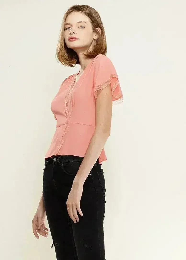 Women's Lace Trim Cape Sleeve Wrap Blouse in Coral | Femstylo - SJB-DIAMOND ELITES