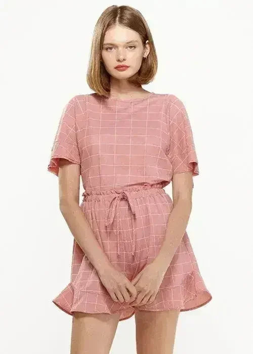 Women's Grid Print Crew Neck Blouse in Pink | Femstylo - SJB-DIAMOND ELITES