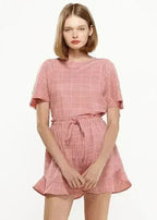 Women's Grid Print Crew Neck Blouse in Pink | Femstylo - SJB-DIAMOND ELITES