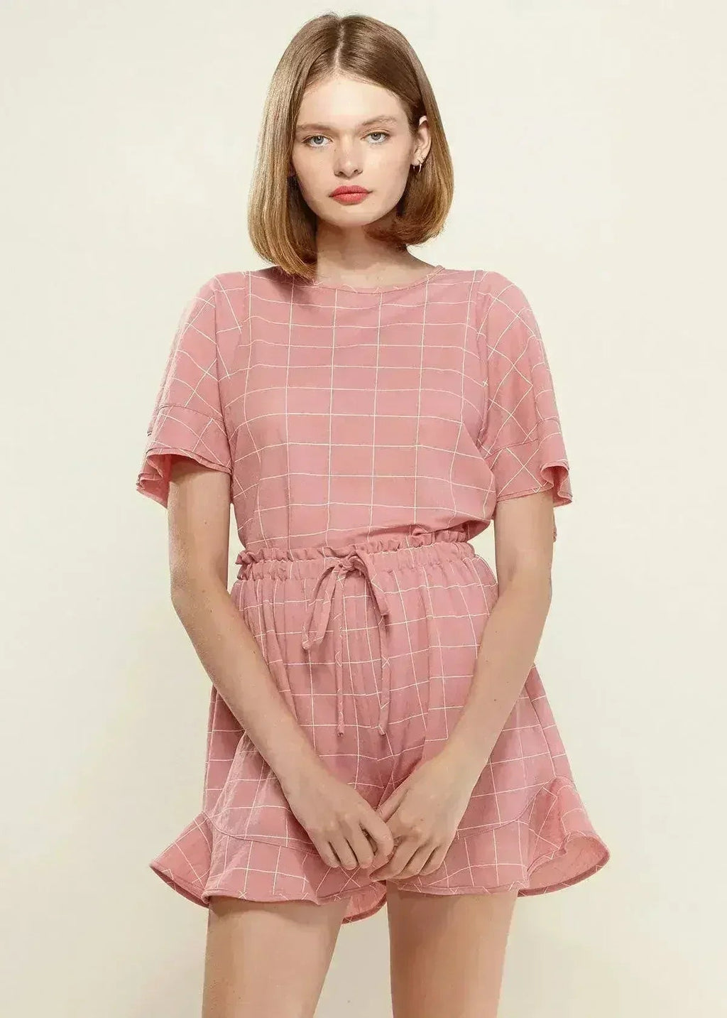 Women's Grid Print Crew Neck Blouse in Pink | Femstylo - SJB-DIAMOND ELITES