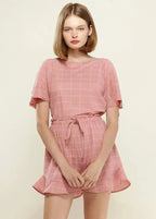 Women's Grid Print Crew Neck Blouse in Pink | Femstylo - SJB-DIAMOND ELITES