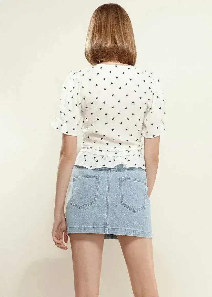 Women's Triangle Print Puff Sleeve Blouse in White triangle | Femstylo - SJB-DIAMOND ELITES