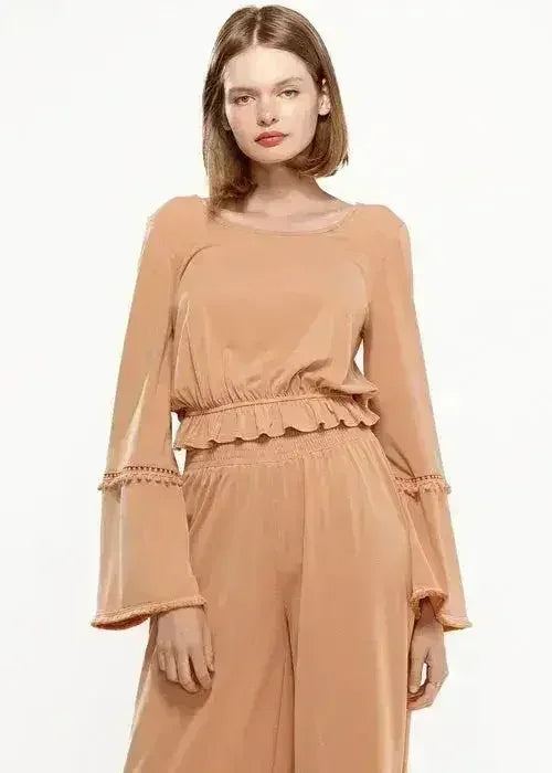 Women's Fringe Cuff Bell Sleeve Top in Apricot - SJB-DIAMOND ELITES