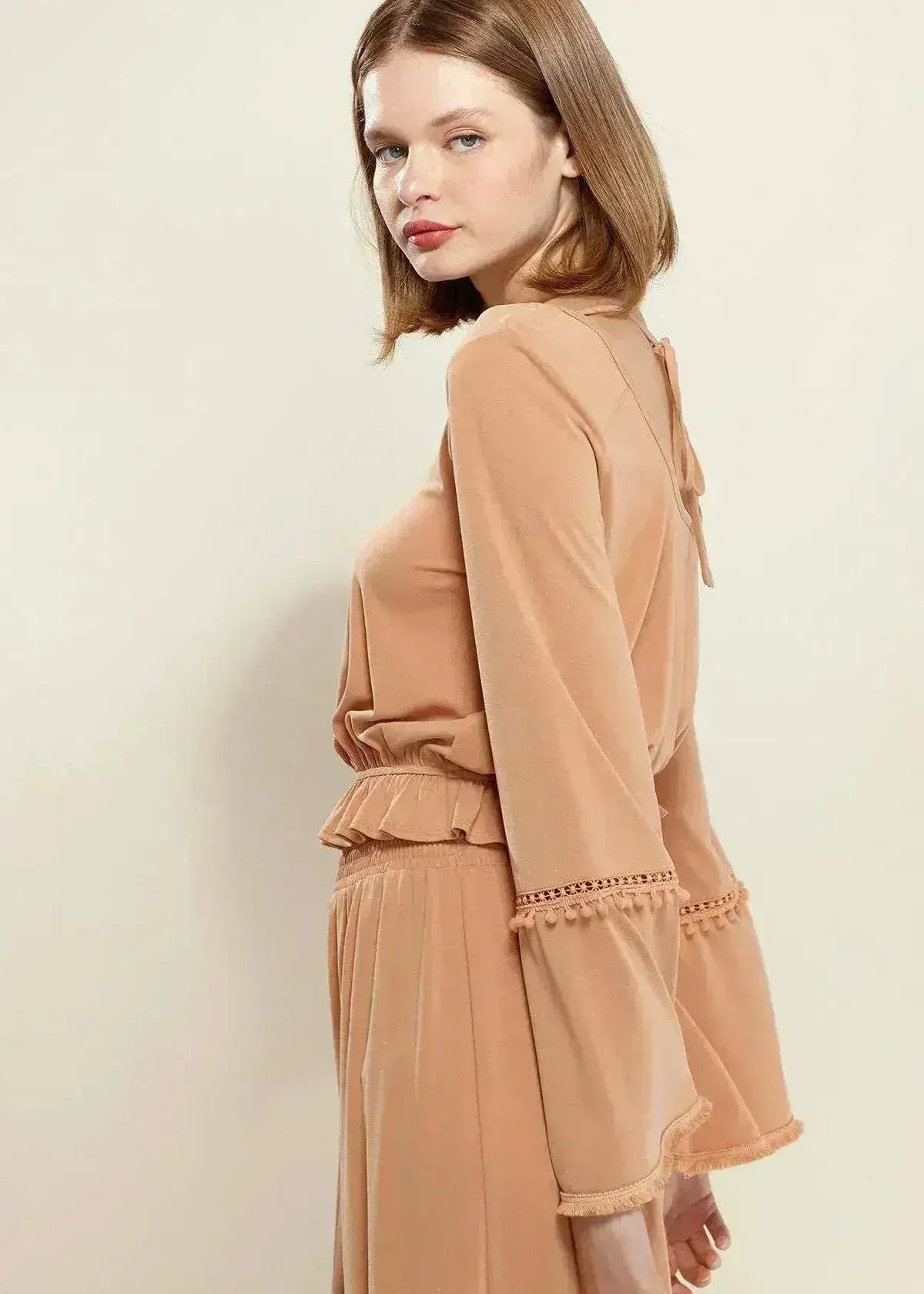 Women's Fringe Cuff Bell Sleeve Top in Apricot - SJB-DIAMOND ELITES