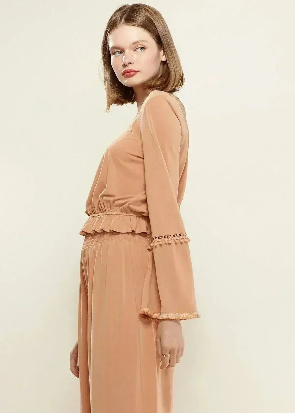 Women's Fringe Cuff Bell Sleeve Top in Apricot - SJB-DIAMOND ELITES