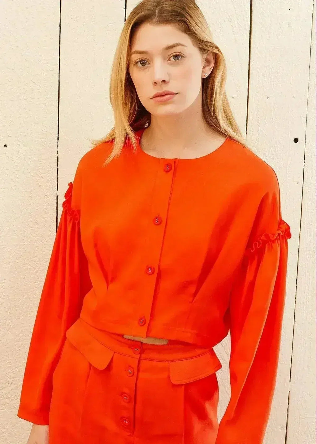Women's Button Front Long Sleeve Crop Top in Poppy - SJB-DIAMOND ELITES