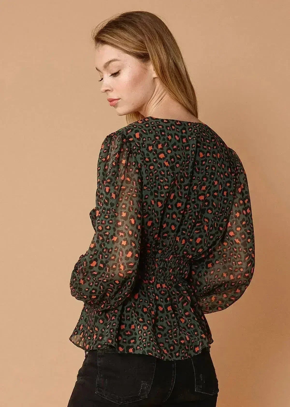 V-neck Puff Sleeve Blouse in Leopard Hunt | Femstylo - SJB-DIAMOND ELITES