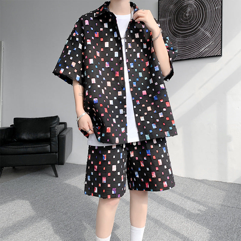Summer New Chessboard Plaid Shirt Short Sleeve Shorts Suit Lootquake LLC