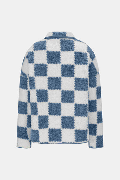 Elegant Checkered Snap Down Long Sleeve Teddy Jacket Soft & Warm Colorful Jacket Stevvex