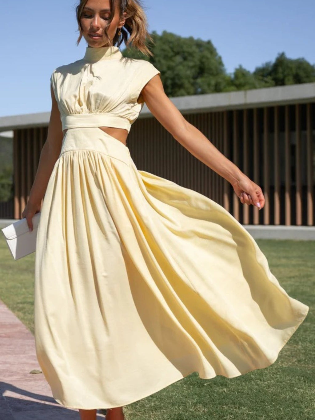 Modern Cutout Mock Neck Sleeveless Ruched Dress Elegant Dress For Women Stevvex