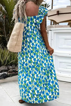 Pink Floral Print Square Neck Ruffled Strap Maxi Dress