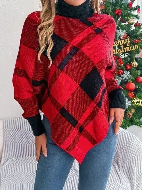 Plaid Turtleneck Batwing Sleeve Sweater - SJB-DIAMOND ELITES