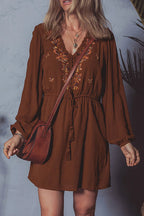 Burgundy Floral Embroidered Tassel Tie Waist Long Sleeve Mini Dress