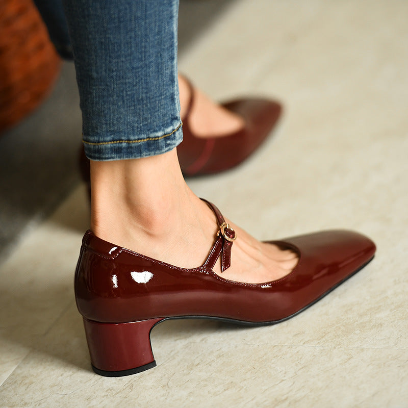 Burgundy bright leather strap square toe shoes for women Pi-Mart