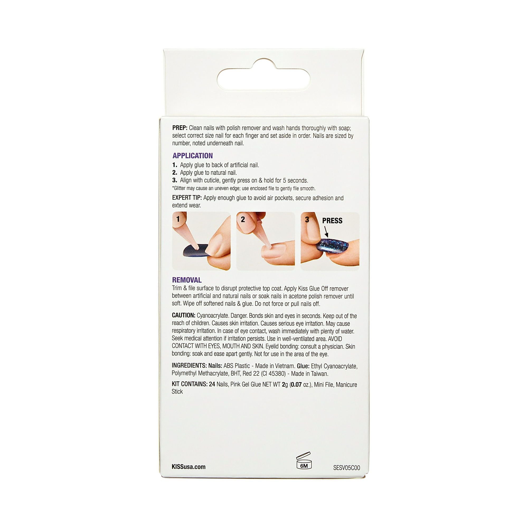 Kiss Salon Design Medium Coffin Glue-on Nails, Glossy Light White, 24 Count