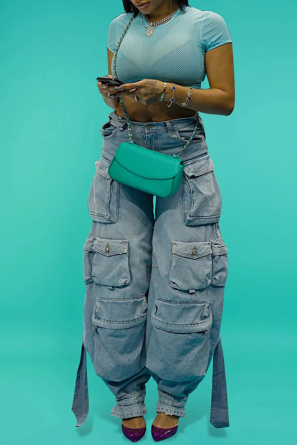 Plus Size Daily Light Blue Spring Summer Pocket Cargo Denim Jeans High Street Harajuku High Waist Casual Loose Denim Trousers Purplish Diva