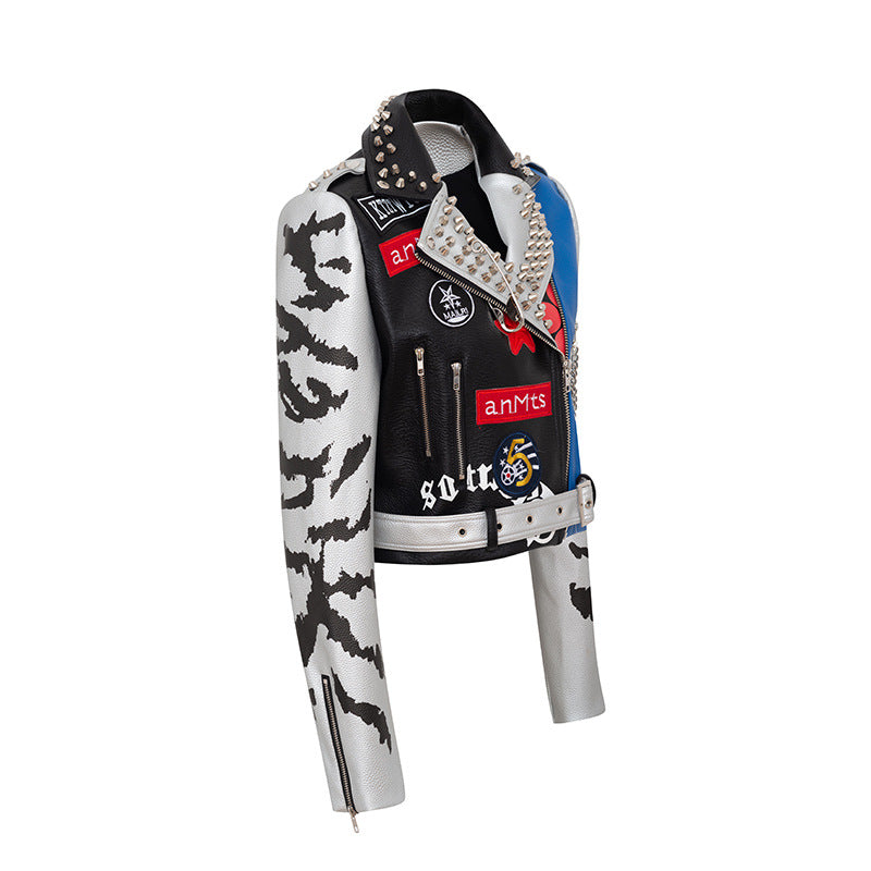 Graffiti Print Coat Short Coat Slim Leather Motorcycle Leather Jacket Pi-Mart