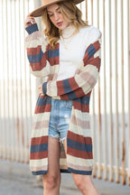 Dark Blue Color Block Striped Cut Out Knit Cardigan
