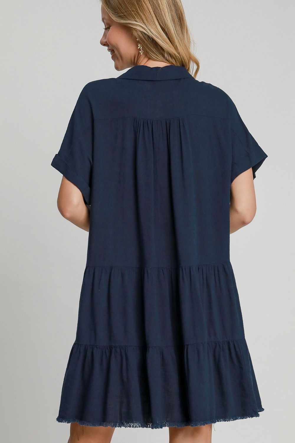 Women Dark Navy Full Size Raw Hem Folded Sleeve Dress Casual Plus Size Simple Dress Stevvex