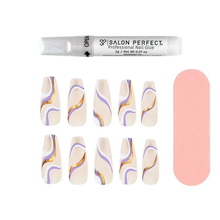 Salon Perfect Artificial Nails, 128 Liquid Gold Purple Swirl, File & Glue Included, 30 Nails EasyOptionXY LLC