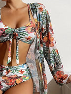 New Tropical Bloom 3-Piece Swimsuit Set – High Waist Floral Fluttering Bikini with Crew Neck Top Spaghetti Straps and Matching Long Sleeve Cover-Up – Stylish Stretchy Women’s Swimwear for Beach & Summer Escapes