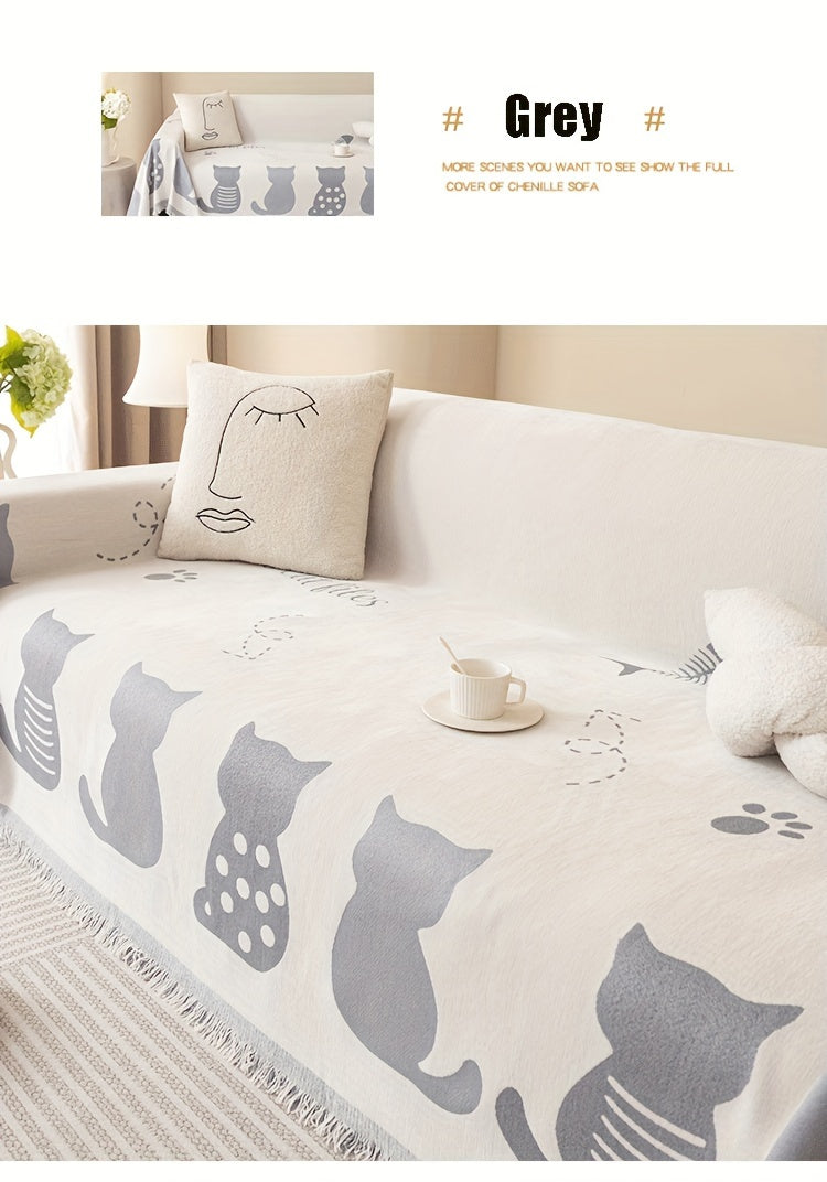1pc Chenille Cat Cartoon Sofa Cover Blanket Four Seasons Universal Simple Double-sided Multi-functional Sofa Throw Blanket Couch Cover For Living Room Home Decor
