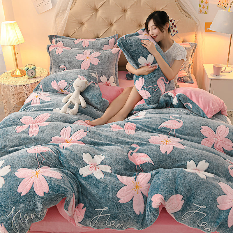 Coral Velvet Sheet Duvet Cover Double Sided Plus Velvet Thick Bedding Set Pi-Mart