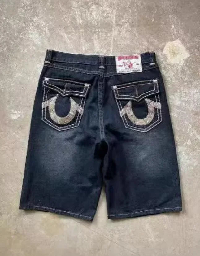 Women's retro Summer casual Buddha statue denim shorts Y2K sexy hot pants high waisted pocket embroidered street mini shorts Purplish Diva