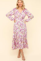 Lilac Full Size Floral V-Neck Long Sleeve Dress With Side Pockets Elegant & Practical Dress